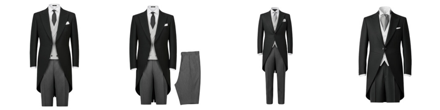 Men's Formal Morning Suit Collection, Luxury Tailcoat Tuxedo for Weddings and Galas, Classic Black and Grey 3-Piece Groom Apparel, Elegant Royal Ascot Style, PNG Isolated on White Background
