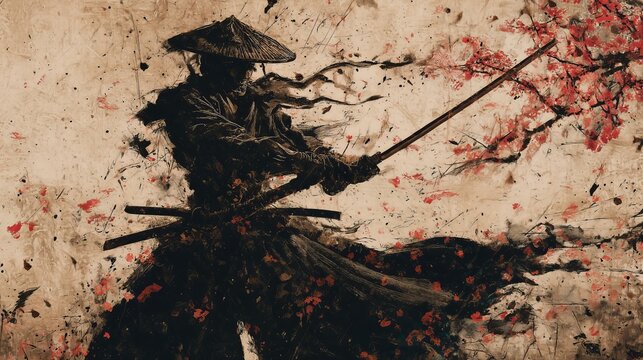 Japanese, Japan samurai  warrior in straw hat slashes through cherry blossoms in a blood-splattered, textured scene. The gritty painting evokes violence, beauty, and the fleeting nature of life.