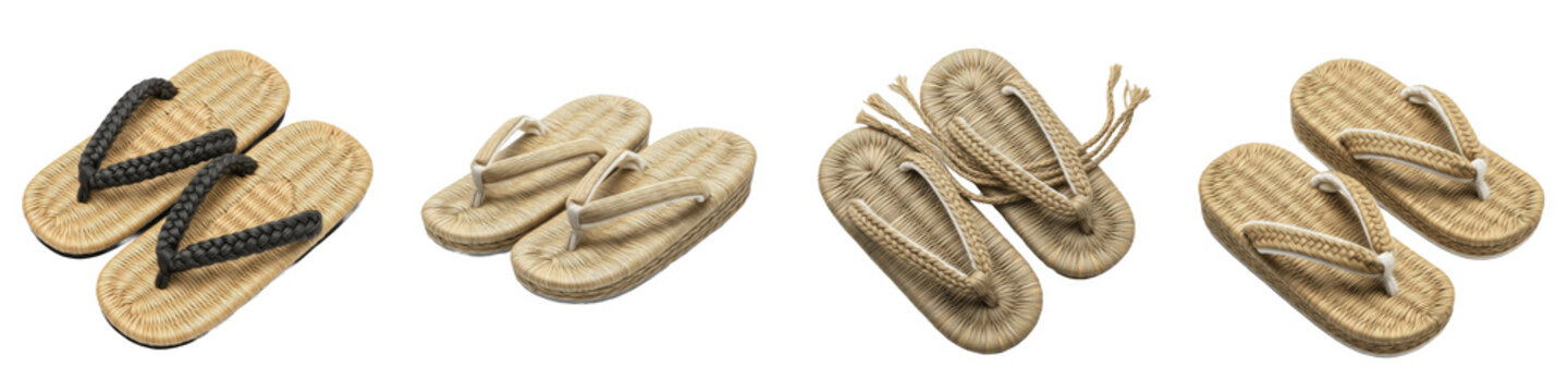 japanese traditional zori sandals collection, handcrafted straw woven flip flops with fabric straps, authentic ethnic footwear set, isolated on white background, transparent png