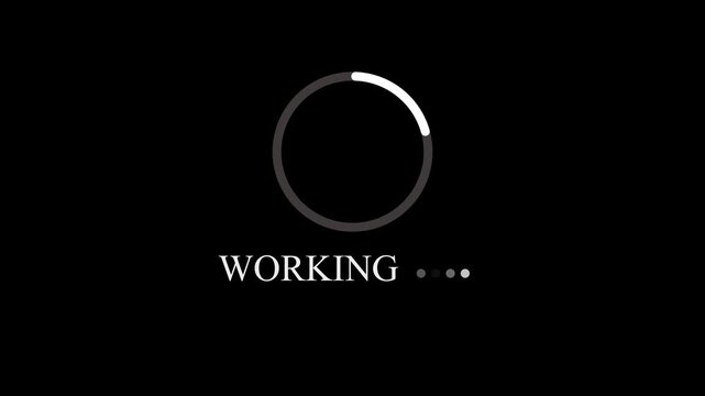 Loading screen animation with working text and circular progress bar on black background circular animation.