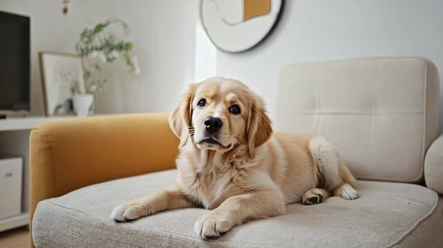 Golden Retriever Puppy Lying on Couch Then Standing Up and Walking Away in Living Room