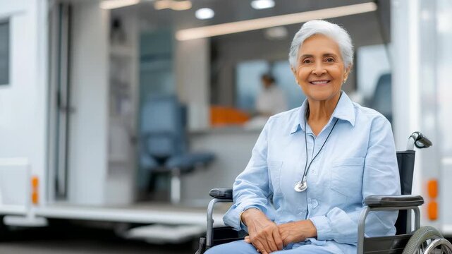 Elderly woman in a wheelchair exudes positivity and independence, dressed in casual attire with a stethoscope around her neck. The mobile clinic setting highlights modern healthcare and active aging