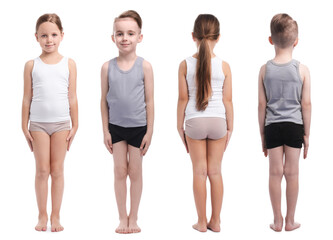 Obraz premium Little girl and boy in underwear on white background. Collage with front and back views