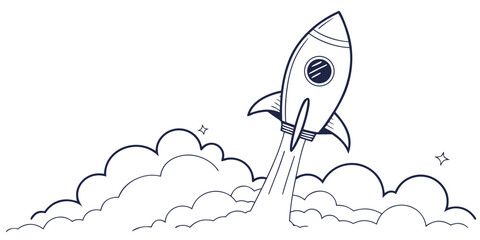 A whimsical rocket ship emerging from playful clouds in a minimalist drawing style © Mamun