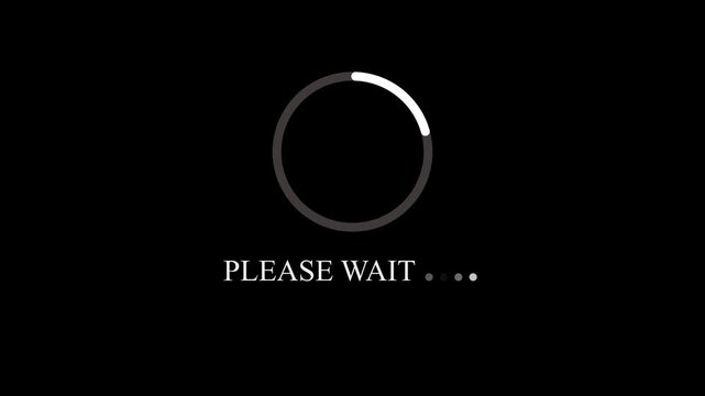 Loading animation please wait screen with circular progress bar on black background.