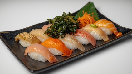 Sushi assortment with Wakame seaweed on plate
