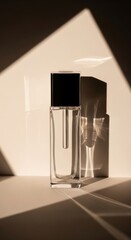 Luxury perfume bottle on table with dramatic shadows and light