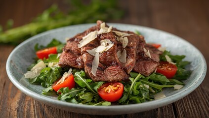 Tagliata salad with Italian beef, arugula, cherry tomatoes, and Parmesan