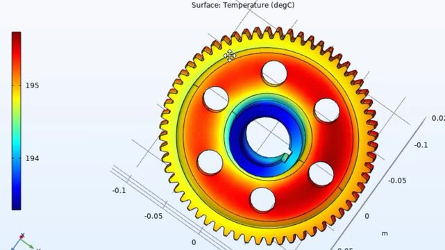 Video animation of metal cover, wheel with rotation. 
Computer technic 3d modeling of steel mechanical part. Thermal cad analysis. Temperature distribution investigation on surface of mechanical part.