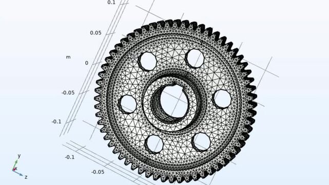 Video animation of metal round teeth cover, wheel with rotation. Computer technic engineering 3d modeling of steel mechanical part with grid. 
Cad analysis. Engineering calculation.