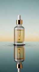 Serum bottle with dropper on calm water surface at dusk with reflection