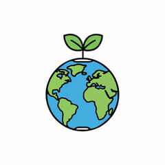 Green sprout growing from a vibrant planet earth illustration symbolizing environmental conservation and ecological growth against a clean white backdrop