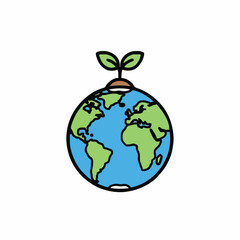 Green sprout growing from the top of a planet earth with blue oceans and green continents against a white background symbolizing environmental growth and sustainability