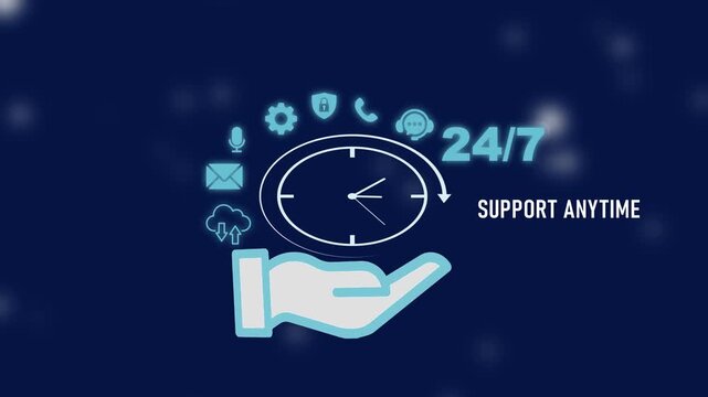 24/7 Support Anytime Customer Service Concept with Hand Holding Clock and anytime help