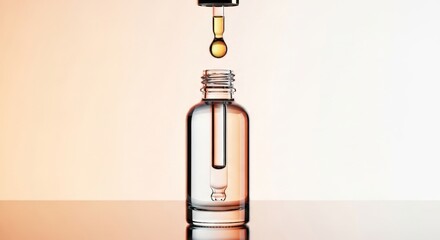 Drip of liquid falling into a glass bottle on a reflective surface