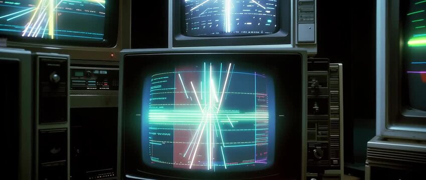 A dark room with a stack of vintage cathode-ray tube monitors. Electronic interference and distorted crosshair pictures are displayed on several displays.