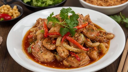 Fototapeta premium Tasty classic Vietnamese dish — Lemongrass Chicken: boneless thigh, shallots, garlic, lemongrass, chili, cilantro