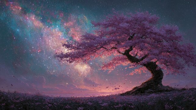 Majestic Cherry Blossom Tree Under Starry Sky Surrounded by Vibrant Galaxy at Dusk in Dreamlike Landscape