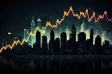 Economic crisis concept, double exposure city skyline and falling graph, dark background