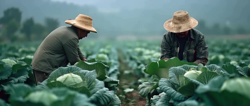 Two laborers on a field of cabbage