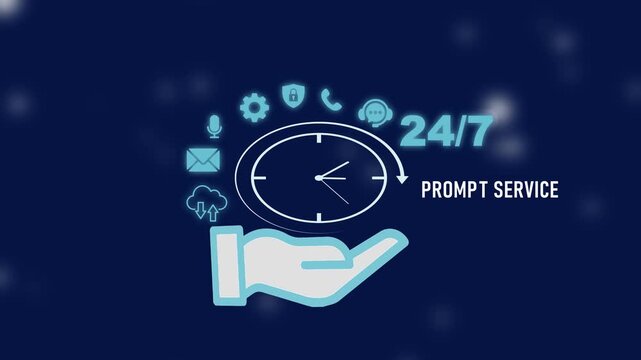 24/7 Prompt Service Concept with Hand Holding Clock and Communication on Dark Blue Background 24/7 service