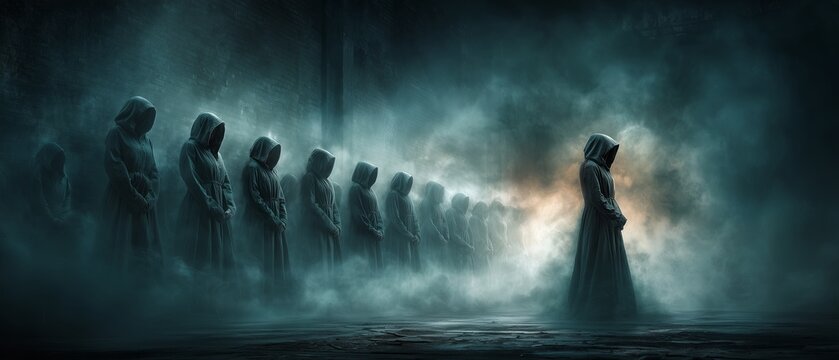 A lone hooded figure faces a line of shadowy silhouettes in misty, dramatic light. The scene evokes judgment, confrontation, or the weight of destiny in eerie silence. Dark sect concept.