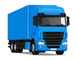 A large blue truck with a boxy trailer on a white background