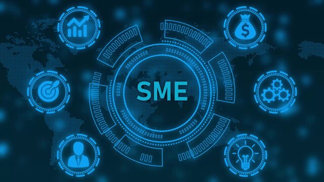 Digital concept of SME with icons for finance growth and business strategy on world map background