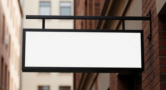 Rectangular horizontal blank storefront sign hangs perpendicular from a brick building facade, awaiting custom branding or business announcement.