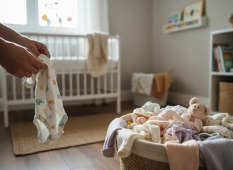 Parent Folding Baby Clothes In Nursery With Crib And Laundry Basket Full Of Soft Garments