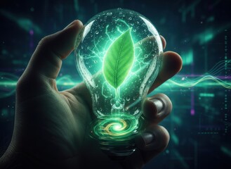 Hand Holding Glowing Light Bulb With Green Leaf Inside And Abstract Digital Background