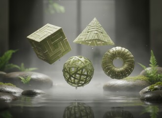 Abstract geometric shapes cube pyramid sphere torus floating above water with mossy rocks and lush green foliage in soft diffused light
