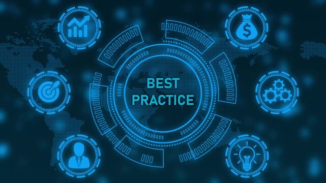Digital concept of best practice with global network and icons Keywords: best practice, business, strategy, success, goal, target, growth, finance, money, investment, idea, innovation, teamwork