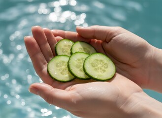 Hands Holding Sliced Cucumbers with Water Ripples and Sunlight Reflections in the Background