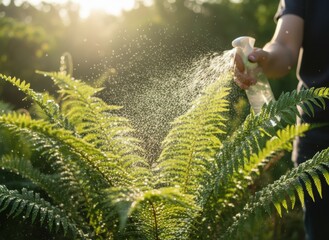 Gardener watering lush green fern plant with spray bottle in golden hour sunlight casting warm glow and creating sparkling water droplets outdoors