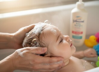 Gentle Bath Time For A Baby Being Washed By Caring Hands With Soap Suds In A Bathtub With Toys And A Bottle Of Baby Shampoo