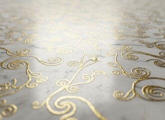 Elegant Golden Swirls on White Marble Surface with Soft Spotlight and Shadows
