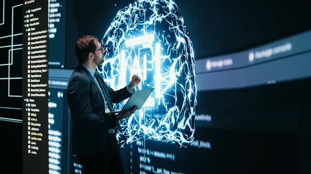 Technician looks at AI self writing code on large display interface, digital autonomy concept. IT specialist reviewing self sustaining artificial intelligence model on interactive digital wall