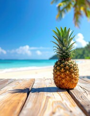 Tropical Pineapple on Wooden Table with Ocean Beach and Palm Tree Background