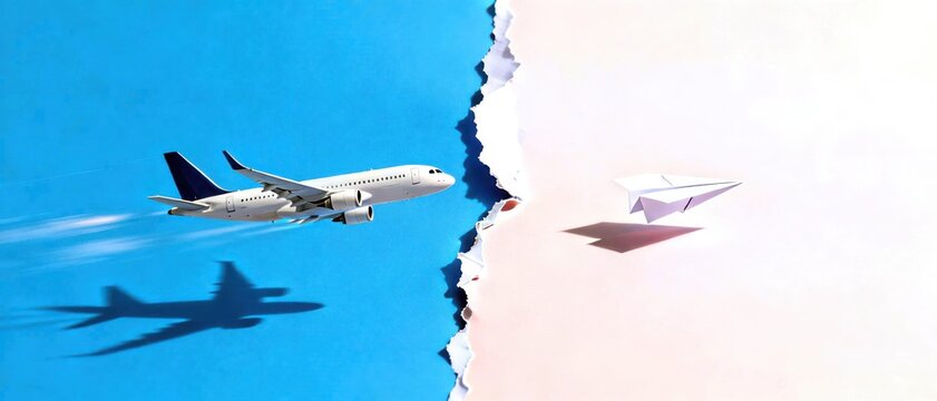 Airplane flying in blue sky with contrails and shadow next to paper airplane on torn paper background