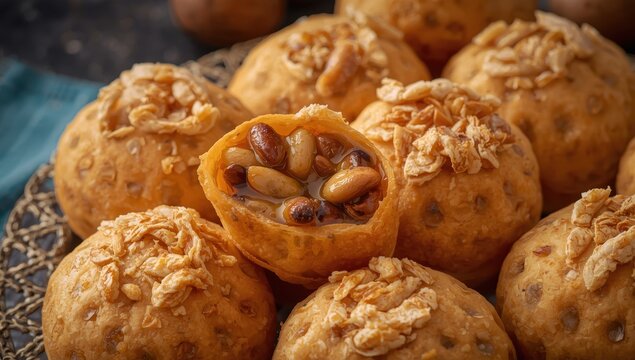 Traditional Ramadan treat "Qatayef" filled with nuts and honey syrup &ndash; a close-up of a delectable Arabic dessert