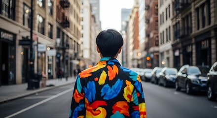 Fototapeta premium Man in vibrant jacket walking down urban city street