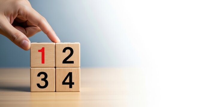 Hand Pointing to Number 1 on Wooden Blocks with 1, 2, 3, 4. Concept of Choice, Priority, or Starting Point.