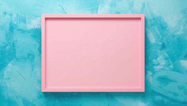 Surreal minimalist design featuring a pink rectangle against a cyan abstract backdrop, offering a vibrant geometric concept for modern art posters
