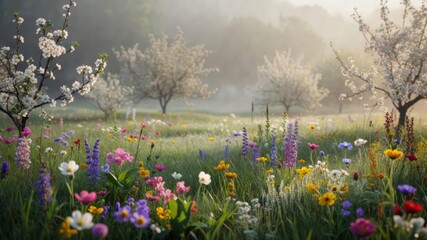 Fototapeta premium Spring meadow blooming with vibrant wildflowers and fruit trees in a serene misty morning sunrise