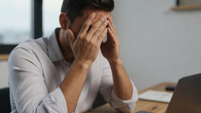 Man in business shirt feeling exhausted and overwhelmed from work, experiencing intense pain and frustration