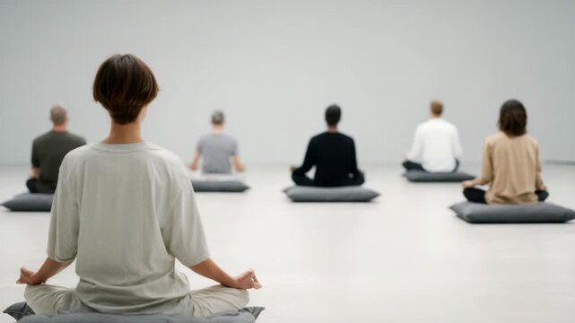 Individuals participate in group meditation session, sitting cross legged on cushions in bright, uncluttered space. Tranquil environment emphasizes mindfulness, inner peace, collective relaxation