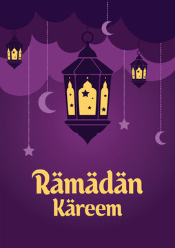 Ramadan Kareem Greeting with Islamic Lanterns and Crescent Moon. Elegant festive banner design ideal for Ramadan promotion, social media post, invitation card, poster, and celebration template.