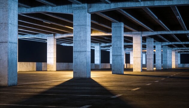 A dimly lit empty parking garage with concrete pillars and a dark atmosphere