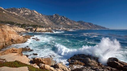 Obraz premium Serene Coastal Landscape with Waves Crashing Against Rocks and Majestic Mountains in Background Under Clear Blue Sky